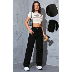 Jean cargo noir Y2K pour femme, taille haute, coupe droite, extensible, durable, écologique, multi-poches, style streetwear, plusieurs tailles - Product Image 6