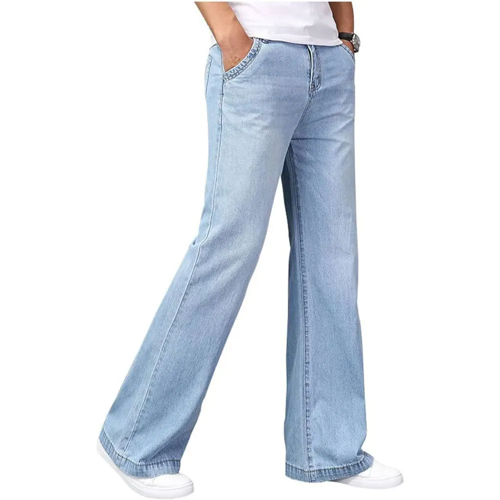 Erkekler alevlendi pantolon geniş bacak kot Denim giysi Boot Cut Flare Jean işık erkek için yıkanmış