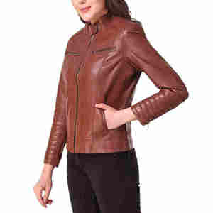 Chaqueta de cuero genuino marrón oscuro con estilo para mujer, abrigo corto de solapa con bolsillos con cremallera, traje de moda transpirable para Otoño/Invierno - Product Image 3