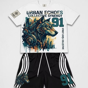 Ensemble T-shirt et short décontracté surdimensionné en polyester/coton respirant avec impression par transfert thermique, motif graphique avant, col rond et cordon de serrage - Product Image 1