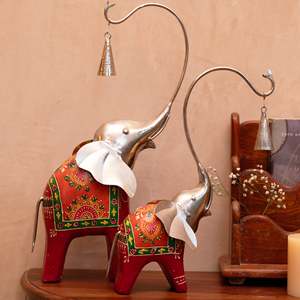 Bohemian <b>Elephant</b> Pair with Bells on Tusks for Diwali <b>Decor</b> - Product Image 1