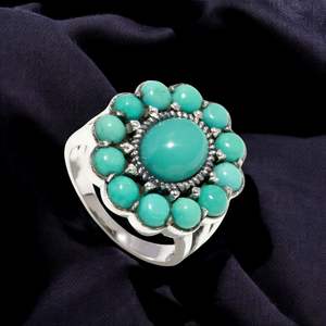 Elegant 925 Sterling Silver Classic Diamond Cut <b>Turquoise</b> Gemstone <b>Ring</b> Rare for Wedding Engagement Anniversary Party Gift - Product Image 2