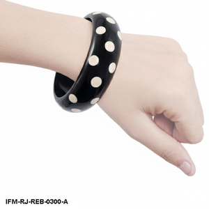 Vintage Style Black Resin Bangle <b>Bracelet</b> with <b>White</b> Polka Dots Wide Chunky Domed Acrylic Cuff for Women - Product Image 2