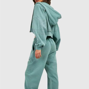 Oem Service Women Winter Solid Casual <b>Cropped</b> <b>Zip</b> <b>up</b> Jogger Set Customizable 100% Cotton Lightweight - Product Image 5