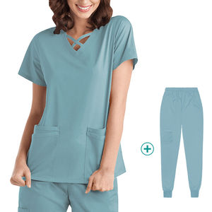 Fashion Wholesale logo Custom Professional Women's nurse <b>Doctor</b> Uniform V-neck Jogger Style Medical scrub <b>Set</b> - Product Image 1