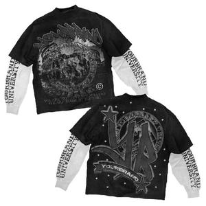 Camiseta de Manga Regular para Hombre, Diseño de Doble Capa con Estampado Gráfico de Rock, Lavado Ácido, 100% Algodón de Punto, de Lujo, OEM - Product Image 1