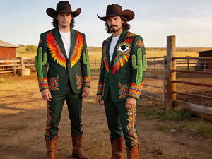 Conjunto de Traje Bordado Estilo Vaquero Verde para Hombre, Blazer y Pantalones con Diseño de Cactus - Product Image 5