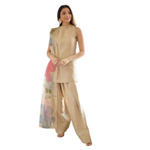 Vestido informal de 3 piezas para mujer, Farshi pakistaní, indio, Punjabi, ajustado, Patiala, Shalwar, cierre de botón, sólido, ecológico, Natural - Product Image 1