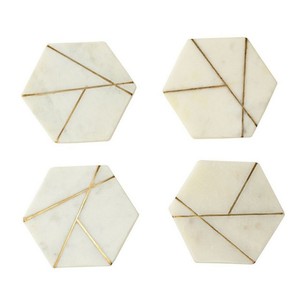 Hex Brass Inlay White <b>Gold</b> Marble Custom Size Luxury Marble Stone& Metal Inlay Cup Coaster for Tea or Coffee Stone Coaster - Product Image 2