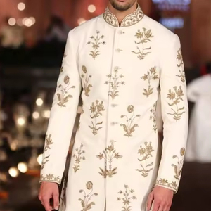 DAZZLING DESIGN GOLD ZARI EMBROIDERY on WHITE SHERWANI,PANT & MATCHING <b>SHOE</b> WITH EMBELLISHED CRYSTAL GLASS BEADS,DABKA <b>WORK</b>@2024 - Product Image 1