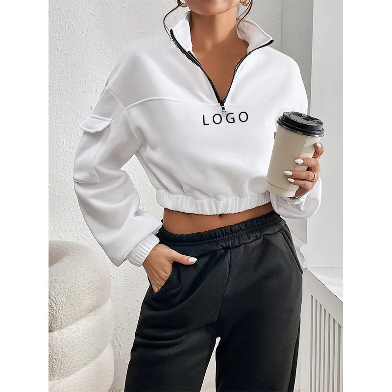 Solid Women Clothing Sweatshirt New Fashion Crop Top Hood Cut Out Patched Stand Collar Casual Pullover