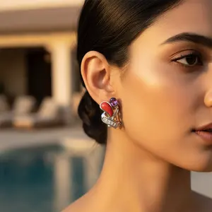 Pendientes de Aro de Plata con Baño de Rodio de Moda con Coral y Amatista, Joyería de Moda para Fiestas de Mujeres - Product Image 3