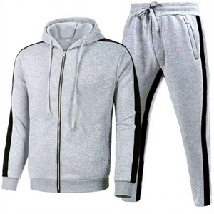 Ensemble survêtement gris à capuche pour homme, sweat-shirt et pantalon à fermeture éclair intégrale, couleur unie, tenue décontractée d'automne avec poches latérales - Product Image 1