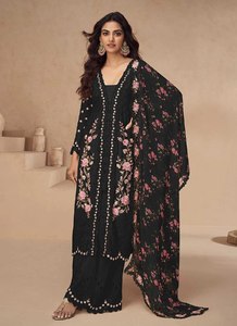 Ensemble Salwar Kameez Palazzo prêt-à-porter pour femmes, imprimé floral, broderie lourde, soie Airtex Chinon, coupe régulière, séchage rapide - Product Image 5