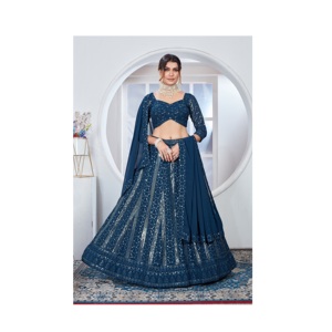 Lehenga choli rama ออกแบบเจ้าสาวด้วย georgette เย็นกับการเย็บปักถักร้อยลำดับการทำงานงานแต่งงาน lehenga choli - Product Image 1