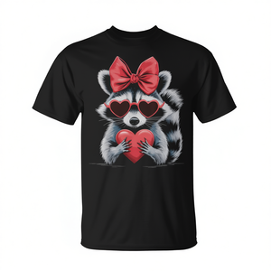 T-shirt da donna con stampa digitale a maniche corte e girocollo, motivo procione con cuore e fiocco, per San Valentino - Product Image 2