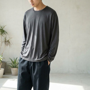 เสื้อยืดแขนยาวผู้ชายผ้าถักไม้ไผ่แบบพื้นฐานทรงหลวมสไตล์ลำลอง - Product Image 1