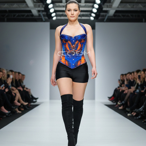 Corset surbuste pour femme, imprimé marbre bleu sublimé numérique personnalisé par le fabricant, col halter, vêtement amincissant, body shaper - Product Image 4