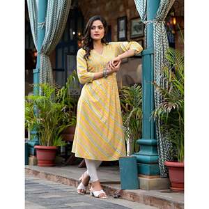 Kurti Recto Lehariya de Algodón Amarillo Hecho a Mano, Estilo Pakistaní, Vestido Indio con Salwar Lehenga, Salwar Kameez Estampado a Mano - Product Image 5