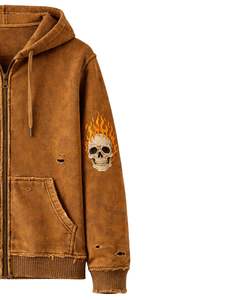 Manufacturer <b>Brown</b> Distressed Zip Up Hoodie With Flaming Skull Sleeve Embroidery Vintage Washed Streetwear <b>Women</b> Custom <b>Jacket</b> - Product Image 3