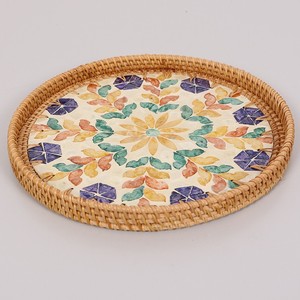 Bandeja Redonda de Madreperla Ecológica con Ratán, Diseño Floral, Hecha a Mano, para Cocina, Mesa de Comedor - Product Image 3