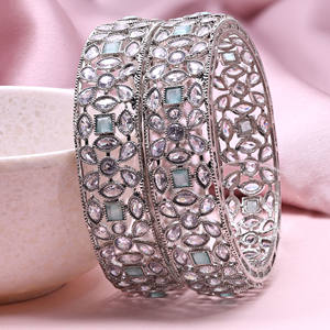 Ensemble de bracelets en laiton de style ethnique plaqué rhodium argent AD inversé de luxe moderne pour femmes Sri Jaya mariages orthodoxes religieux - Product Image 2