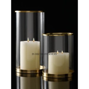 Set Of 2 High Gold Plated Metal Base And <b>Top</b> Designer For Clear Glass Cylendriical Shape Wedding Decor Hurricane Candle Holder - Product Image 1