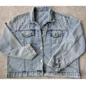 Women Embellished Casual <b>Jeans</b> Jacket Pearl Rhinestone Light Blue Button up Oversized <b>Jeans</b> Button up Jacket for Ladies - Product Image 1