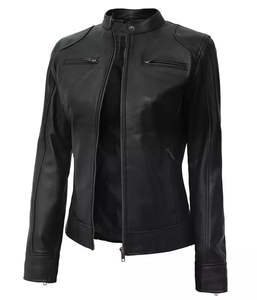 Chaquetas de Cuero para Mujer, Color Negro Sólido, Nueva Llegada 2026, Cuero Genuino de Vaca, Cuello Alto, Estilo con Cremallera - Product Image 1