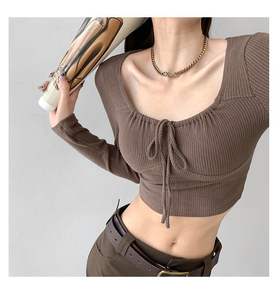 Tops cortos con cordón para mujer, primavera Otoño, nuevo estilo, Camiseta ajustada de manga larga con cuello cuadrado para chicas adolescentes, ropa de moda - Product Image 4