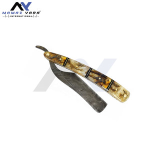 Navaja de Afeitar de Acero de Damasco Hecha a Mano con Mango de Cuerno de Carnero Genuino, Herramienta Tradicional de Afeitado en Húmedo para Barberos - Product Image 3