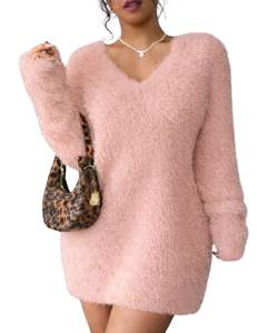 Customized Blush Pink Fuzzy Knit Sweater <b>Dress</b> <b>Women</b> V Neck Long Sleeve Soft Plush <b>Winter</b> Warm Fashion OEM Wholesale Custom Made - Product Image 1