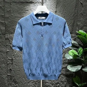 T-shirt à manches courtes rétro tendance pour hommes 2024 New Summer Ice Silk Daily Top Slim Fit Solid Grid Veins 180 Grammes Loose Fit - Product Image 6