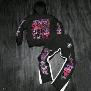 Ensemble survêtement unisexe personnalisé 100 % coton, pantalon évasé et sweat à capuche, style streetwear décontracté, deux pièces, écologique, été, grandes tailles - Product Image 1