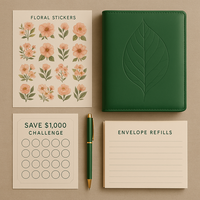 LABON Classeur budgétaire à feuilles vertes A6 Cash Envelope Planner Set Floral Stickers Savings Challenge Cards and Pen Organizer Binder