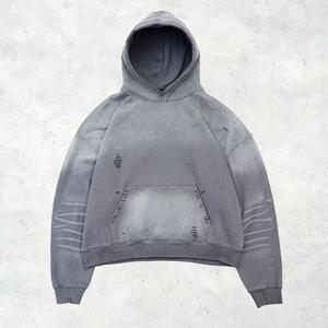Sudadera con Capucha Oversize para Mujer, Gris Sólido, Algodón Lavado, Tejido de Punto, Diseño Desgastado con Agujeros, Manga Regular, Estilo Otoñal - Product Image 1