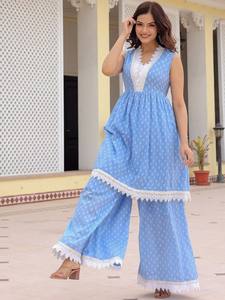 Mujeres étnicas geométricas impresas puro algodón A-Line Kurta con Palazzos & Dupatta indio pakistaní salwaar kameez - Product Image 4