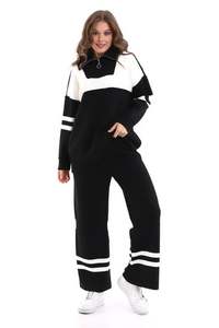 Haute qualité femmes s tricots rayé fermeture éclair surdimensionné deux pièces ensemble tenue décontracté tenue de bureau pull pantalon ensemble - Product Image 4