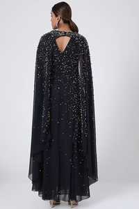 เดรสแมกซี่ทรงตรงปักเลื่อมใส่สบายผ้าโพลีเอสเตอร์ผ้าชีฟองทรงตรงแขนกุดสีดำเทาทำด้วยมือ - Product Image 5