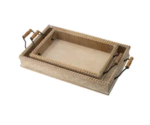 Wholesale beautiful design natural Fir Wood Decorative Centerpiece tray Circular Farmhouse Tray Beaded Pedestal Tray for Kitchen