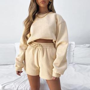 Women Full Sleeve Solid Knitting <b>Above</b> Knee Sweatshirt and Shorts Set Casual Stylish Breathable Two Piece Summer Outfit - Product Image 4