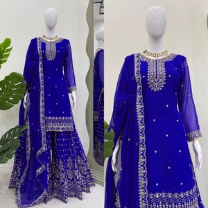 Conjunto Sharara de Diseñador, Salwar Kameez, Ropa Étnica Elegante para Fiesta, Tonos Clásicos, Tela Premium de Georgette Sintética, Reversible - Product Image 2
