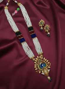 Ensemble de collier long plaqué or avec perles anciennes, pendentif paon, bijoux indiens traditionnels, boucles d'oreilles pour femmes, fête - Product Image 2