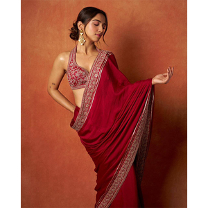 Sari de Tela de Seda Satén Fandy con Bordado, Estilo Clásico de Diseñador, Ropa India, Venta Directa de Fábrica - Product Image 1