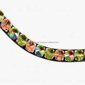 Custom Design Green & Peach <b>Crystals</b> Round Bling Chain All Shape Leather Horse Brow Band in Full Cob Over Size at <b>Cheap</b> Price - Product Image 1