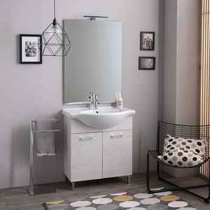 Ensemble de meuble-lavabo autoportant avec miroir et lampe Ravenna en chêne blanc de 75 cm à effet bois - Product Image 1