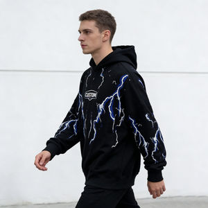 เสื้อฮู้ดดี้พิมพ์ลายสายฟ้าสีดำเทรนดี้สำหรับผู้ชาย สไตล์สตรีทแวร์ทรงโอเวอร์ไซส์ ผ้าฝ้าย พิมพ์ลายโลโก้ตามสั่ง ใส่สบายๆ - Product Image 6