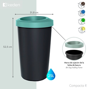 Bidone per la raccolta differenziata KEDEN da 25 litri in plastica con pratico coperchio apribile, colore verde. - Product Image 2