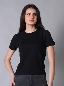 Camiseta básica Premium de media manga para mujer, cuello redondo elástico, lona negra, suministro de verano ODM, camisetas de talla grande para mujer - Product Image 3