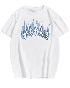 T-shirt unisexe blanc imprimé flamme, streetwear décontracté, manches courtes, coton, coupe ample, mode estivale - Product Image 1